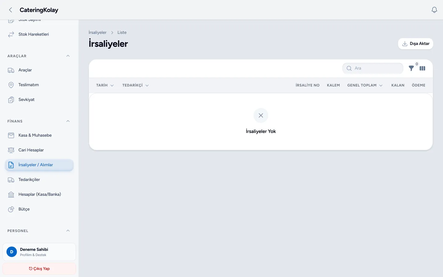 İrsaliyeler listesi: tarih, tedarikçi, irsaliye numarası, kalem sayısı ve genel toplam kolonları