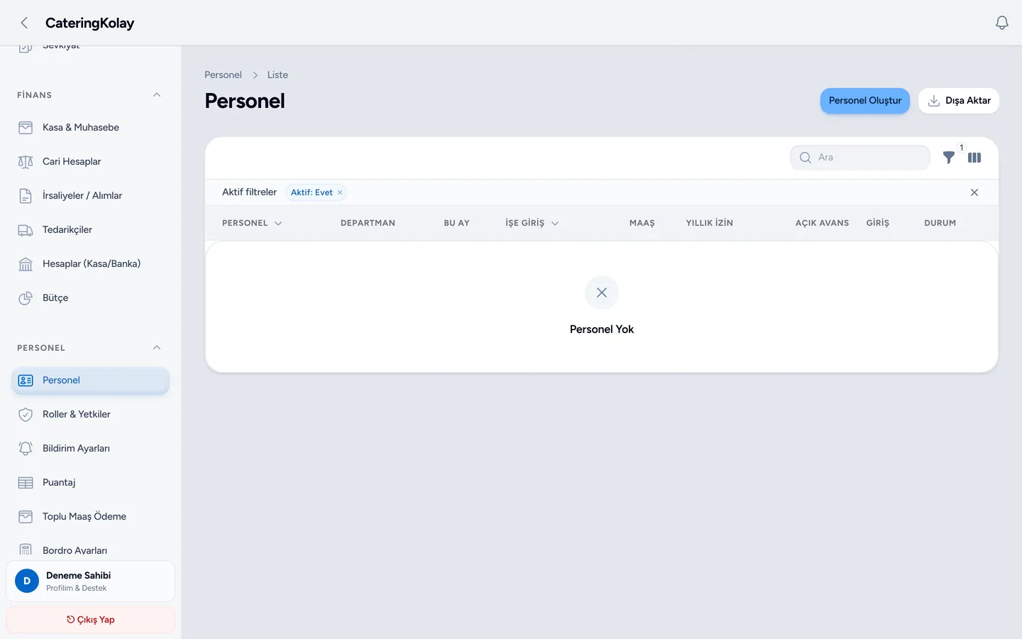Personel listesi: personel, departman, işe giriş, maaş, yıllık izin, açık avans ve durum kolonları